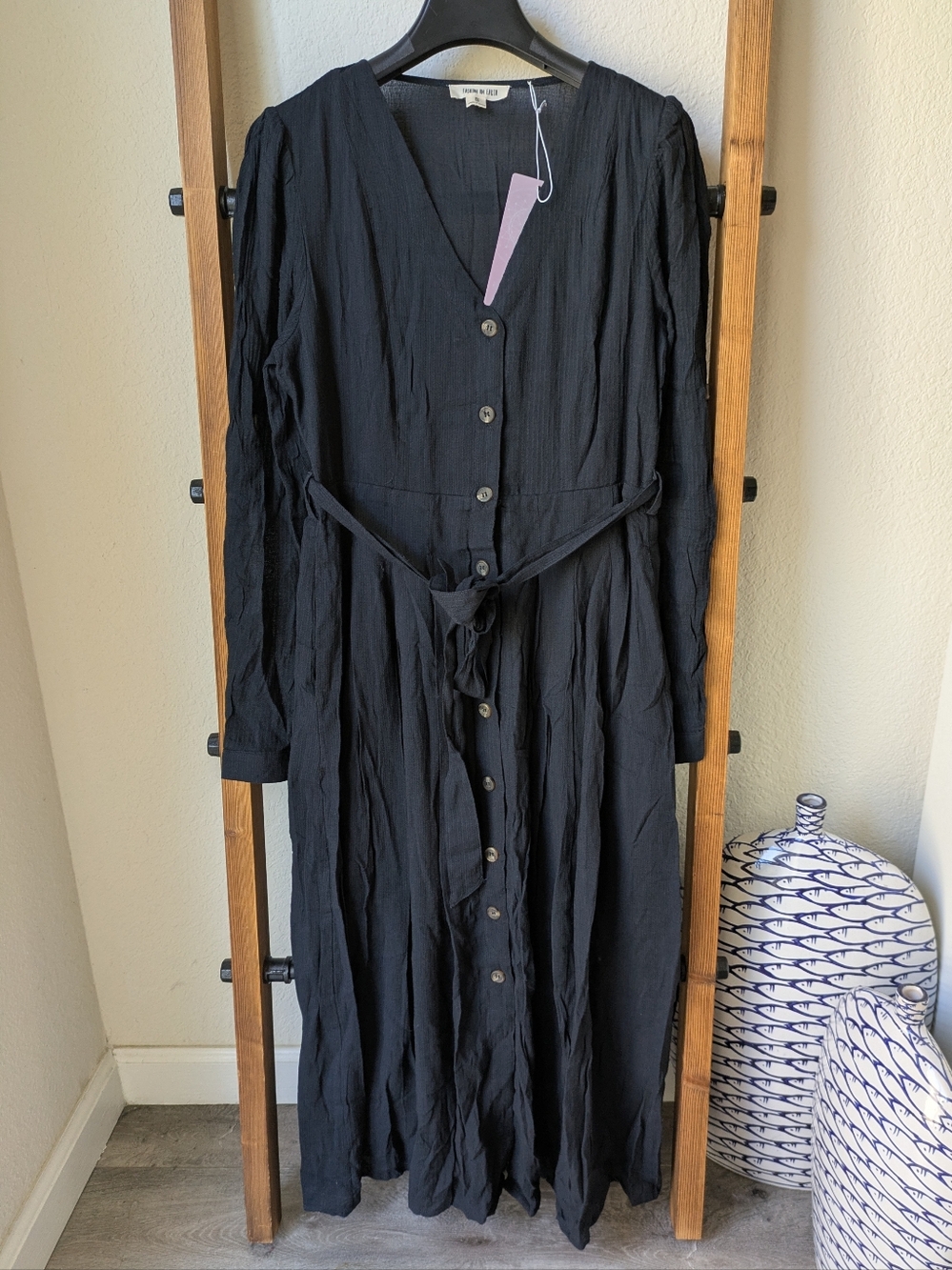 NWT Long Sleeve Black Button-Front Midi Dress with Waist Tie